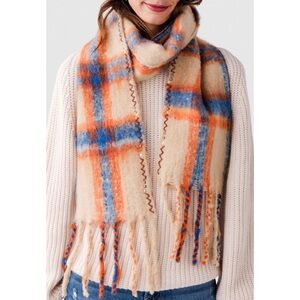 Free People Highland Plaid Skinny Scarf Cream with orange and blue plaid